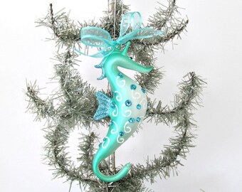 Aqua Seahorse Ornament, Seahorse Christmas Ornament, Seahorse Christmas Ornament, Coastal Xmas Tree Ornament, Bling Glitter Seahorse