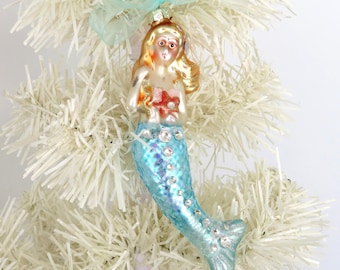 Adorno de sirena de cristal mercurizado con cristales Swarovski, decoración navideña costera