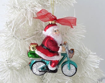 Santa on Bicycle Ornament, Bicycle Christmas Tree Ornament, Santa Cycle Gifts Ornament, Blue Bike Snowman Ornament, Blue Bicycle