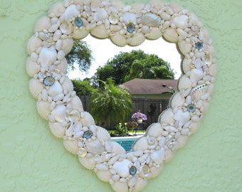 Heart Seashell Mirror, Coastal Beach Wall Decor, 17 inch