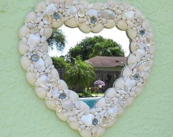 Heart Shaped Mirror Seashells, White Aqua Blue Shell Mirror, Coastal Beach Wall Decor, 17 x 17 inch Wall Mirror, Natural Shell Mirror