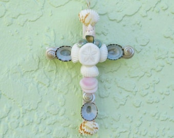 Cross Ornament, Shell Cross, Seashell Cross, Cross Wall Hanging, Pastel Shell Crucifix, Coastal Beach Religious Gift, Christmas Decor Gift