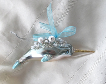 Narwhal Ornament, Narwhal Christmas Ornament, Bling Whale Ornament, Coastal Xmas Tree Ornament, Mercury Glass Like Ornament, Narwhale