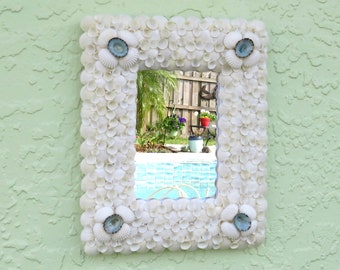 Mirror Seashells, White Aqua Shell Mirror, Coastal Beach Wall Decor, White and Turquoise Wall Mirror, White Shell Mirror, Beach Mirror