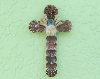 Handmade Brown Calico Shell Cross Wall Art, Coastal Christian Decor