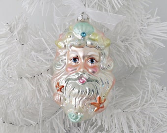 Pastel Santa Head Ornament, Coastal Santa with Starfish and Shells, Sparkling Pastel Santa Christmas Tree Ornament, Santa Mercury Glass Like