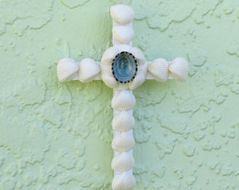 Cross Ornament, Shell Cross, Seashell Cross, Cross Wall Hanging, White/Aqua Crucifix, Coastal Beach Religious Gift, Christmas Decor Gift