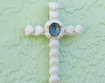 Seashell Cross Ornament, Coastal Beach Religious Decor