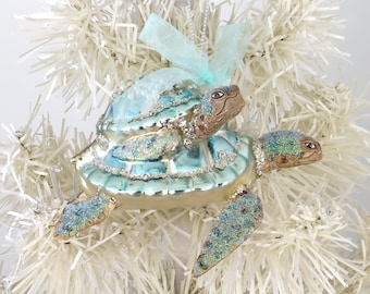 Adorno navideño de tortuga y bebé con joyas, decoración costera para árbol de Navidad