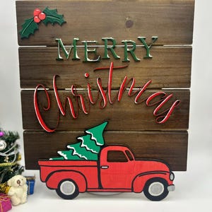 Placa de porta de madeira de caminhão vermelho pequeno - Letras cortadas a laser e pintadas à mão - Feliz Natal