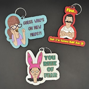 Bob&#39;s Burgers Keychains – Hand-Painted Wooden Characters – Laser Engraved Fan Art Gifts