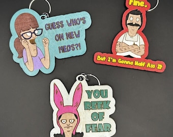 Bob&#39;s Burgers Keychains – Hand-Painted Wooden Characters – Laser Engraved Fan Art Gifts
