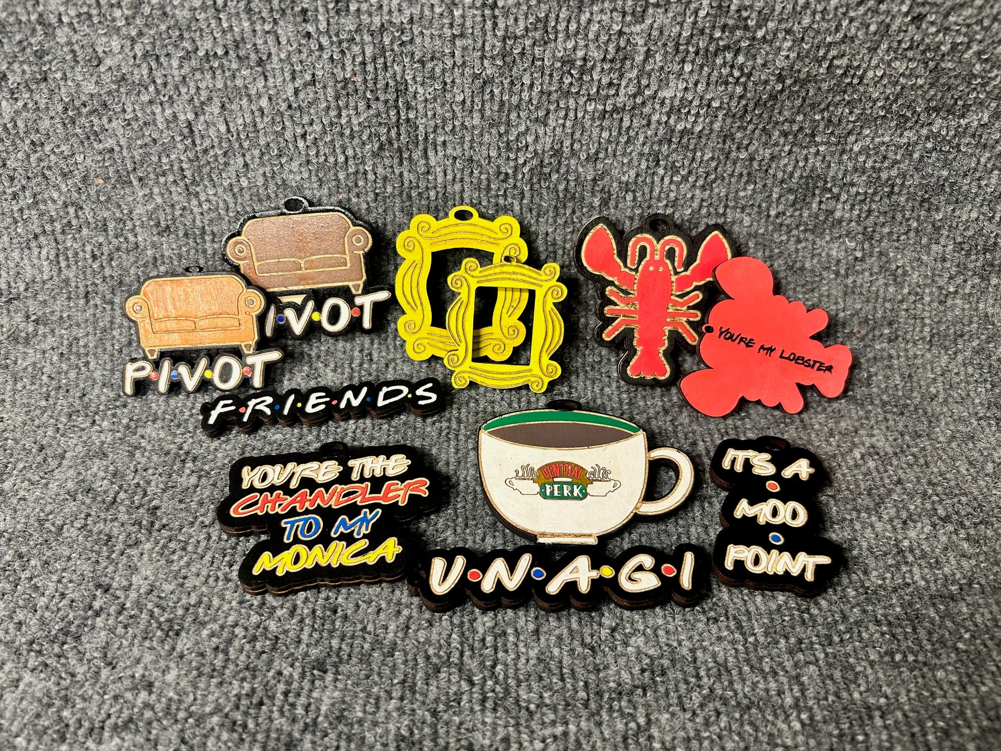 FRIENDS Keychains – Laser Engraved + Hand-Painted – Funny TV Show Gifts – Monica, Ross, Pivot & More