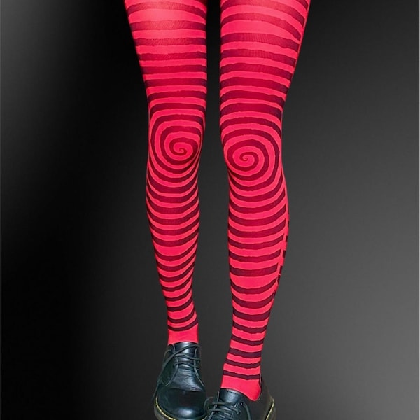 Red Spiral Tights – Gothic Striped Pantyhose, Y2K Alt Stockings, Grunge Legwear, Gift for Her
