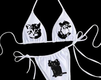 Bite Me Cat Bikini – White Triangle Bikini with Black Kitten Print | Edgy Y2K Swimwear