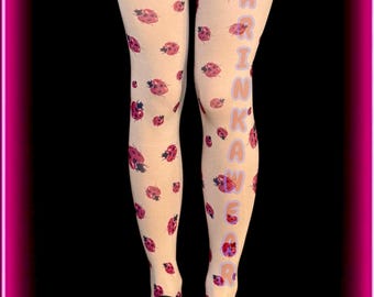 Ladybug Print Tights – Beige Y2K Cute Bug Stockings, Kawaii Fairycore Legwear