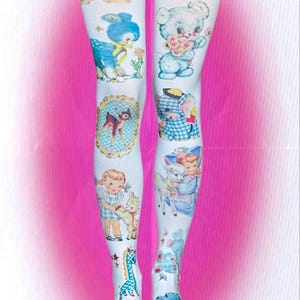 May include: White tights featuring a colorful collage of vintage-style illustrations including a blue deer, a teddy bear holding flowers, a fawn in an oval frame, a child with a lamb, a blue giraffe, and various other whimsical animal characters.