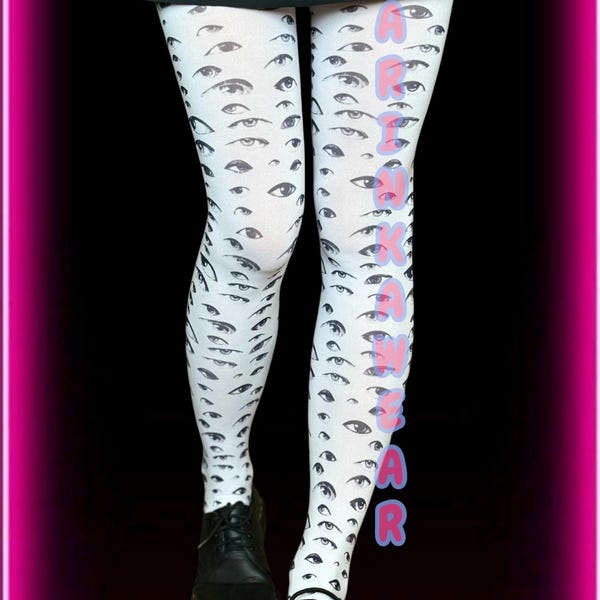 White All-Over Eyes Print Tights – Y2K Alt Goth Grunge Stockings, Creepy Cute Eye Pattern Leggings, Festival & Harajuku Kawaii Fashion