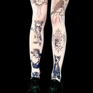 Tattoo Cat Tights | Y2K Alt Grunge Stockings | Gothic Sheer Legwear | Edgy Aesthetic | Handmade Gift