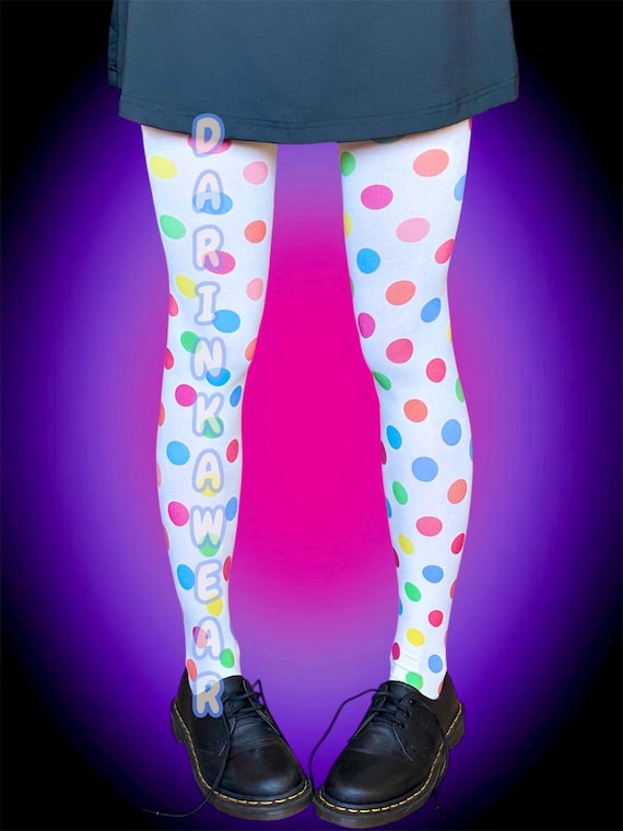 Rainbow Polka Dot Tights – Clowncore Circus Aesthetic Stockings, Colorful White Y2K Pantyhose, Retro Kawaii Pop Art Legwear