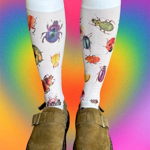 Colorful Bug Knee-High Socks – Insect Print Alt Tights, Halloween Botanical Legwear