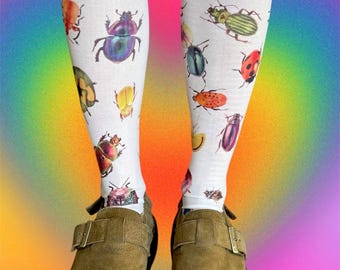 Colorful Bug Knee-High Socks – Insect Print Alt Tights, Halloween Botanical Legwear
