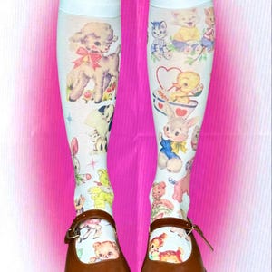 Vintage Toy Print Kawaii Knee Socks – Y2K Soft Girl Fairycore Aesthetic | Pastel Animal Plushie Over-the-Calf Socks | Retro Kitsch Cute