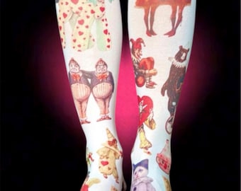 Y2K Clowncore Thigh-High Socks – Vintage Circus Print, Creepy Cute Alt Aesthetic, Weirdcore Kawaii Legwear, Festival Outfit