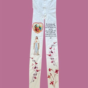 Catholic Angel Tights – Virgin Mary Floral Print | Inspirational Christian Scripture Hosiery | Religious Aesthetic White Tights Y2K Alt image 2