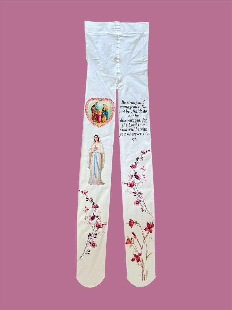 Catholic Angel Tights – Virgin Mary Floral Print | Inspirational Christian Scripture Hosiery | Religious Aesthetic White Tights Y2K Alt image 2