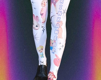 Vintage Toy Print Tights, Y2K Pastel Animal Print Pantyhose, Creepy Cute Retro Leggings