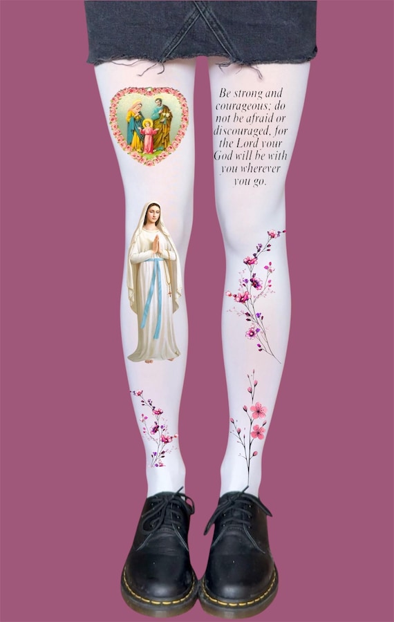 Catholic Angel Tights – Virgin Mary Floral Print | Inspirational Christian Scripture Hosiery | Religious Aesthetic White Tights Y2K Alt