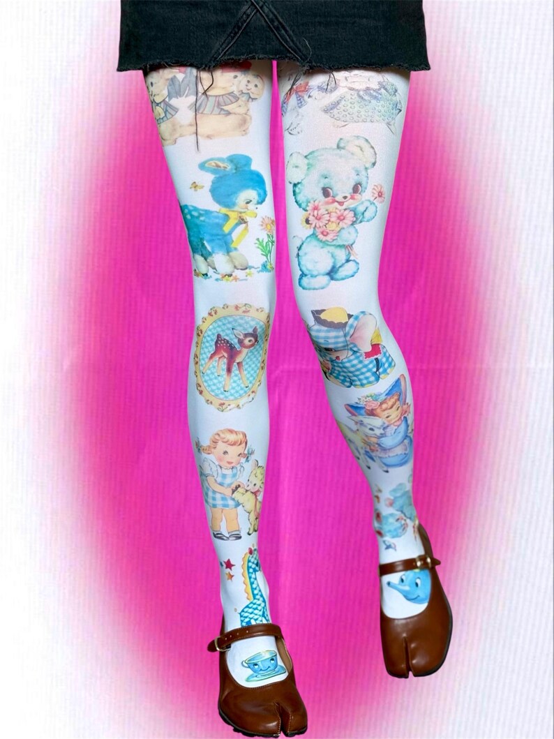 Vintage Kawaii Collage Tights – Whimsical Y2K Fairycore Aesthetic | Cute Retro Animal Print Stockings | S-5XL Sizes image 4