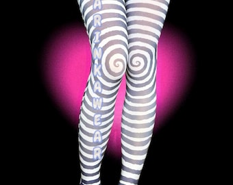 Y2K Psychedelic Spiral Tights – Alien Kitty Tattoo Style Stockings, Hypnotic Striped Festival Leggings, Alt Goth & Rave Costume Hosiery