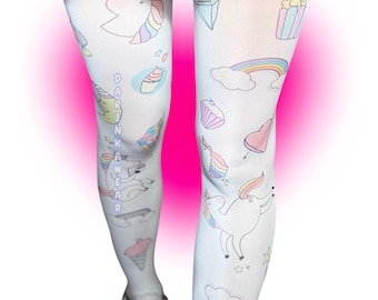Y2K Unicorn Tights • Kawaii Pastel Harajuku Pantyhose • Cute Fantasy Aesthetic Rainbow Tights