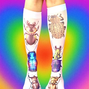 Beetle Print Knee-High Socks, Colorful Insect Socks, Unique Bug Lovers Gift, Y2K Fashion Socks, Artistic Statement Accessory