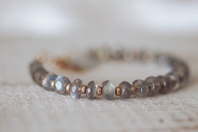 Gold Filled Flashy Stacking Bracelet Grey Labradorite Crystal Layering Bracelet CraeVita
