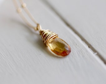 Citrine Gemstone Necklace. Satellite Chain Gold Necklace. Yellow Orange Gemstone. Minimalist. Simple. Handmade on Maui