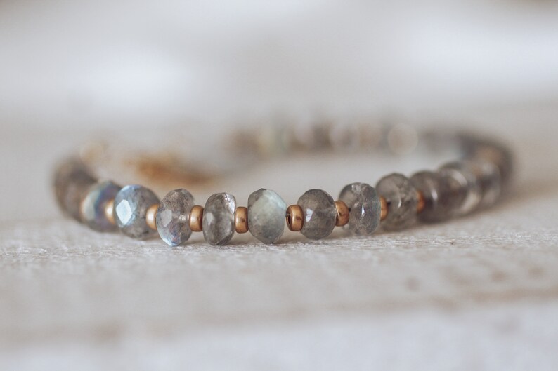 Gold Filled Flashy Stacking Bracelet Grey Labradorite Crystal Layering Bracelet CraeVita