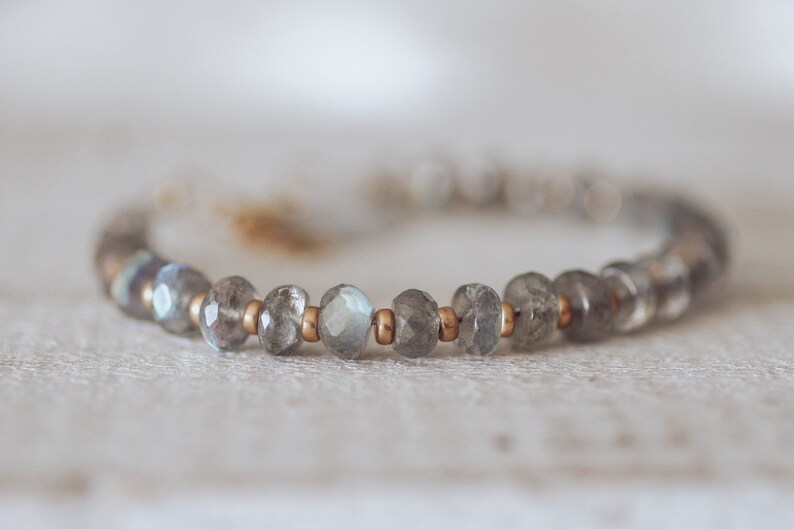 Gold Filled Flashy Stacking Bracelet Grey Labradorite Crystal Layering Bracelet CraeVita
