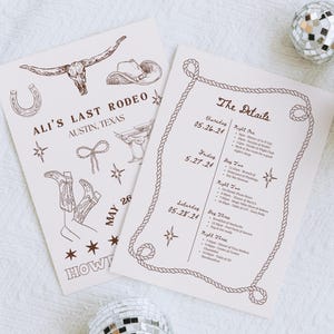 A beautifully designed Nashville Bachelorette Itinerary Template created in Canva Pro, perfect for planning a Last Rodeo or Austin girls' trip. This hand-drawn digital invitation features a playful Western theme with cowboy boots, hats, and rodeo-inspired elements. The template includes customizable sections for daily schedules, activities, dining plans, and nightlife spots, ensuring a well-organized and stylish weekend. Fully editable and available for instant download.