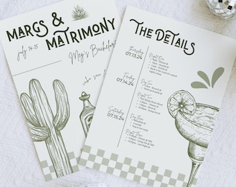 Margs and Matrimony Bachelorette Itinerary Template Canva Pro Girls Trip Itinerary Weekend Itinerary Hand Drawn Invitation Margaritas Mexico