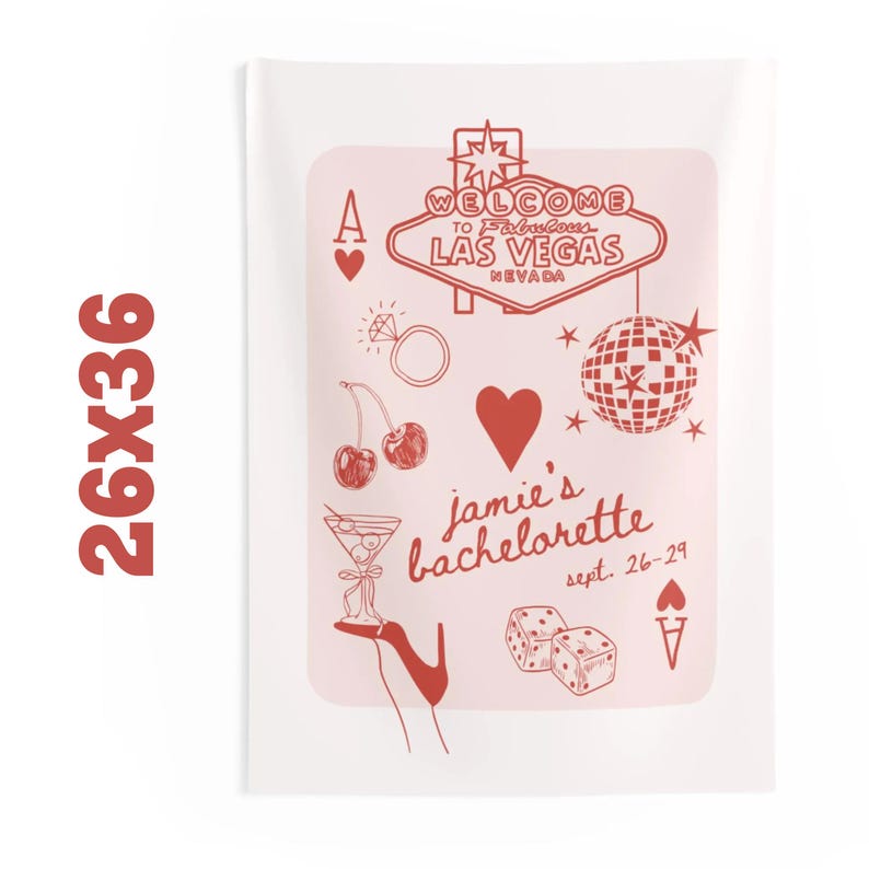 Vegas Bachelorette Party Banner with pink and red designs and customizable text, featuring fun casino-themed elements like dice, disco ball, and cherries