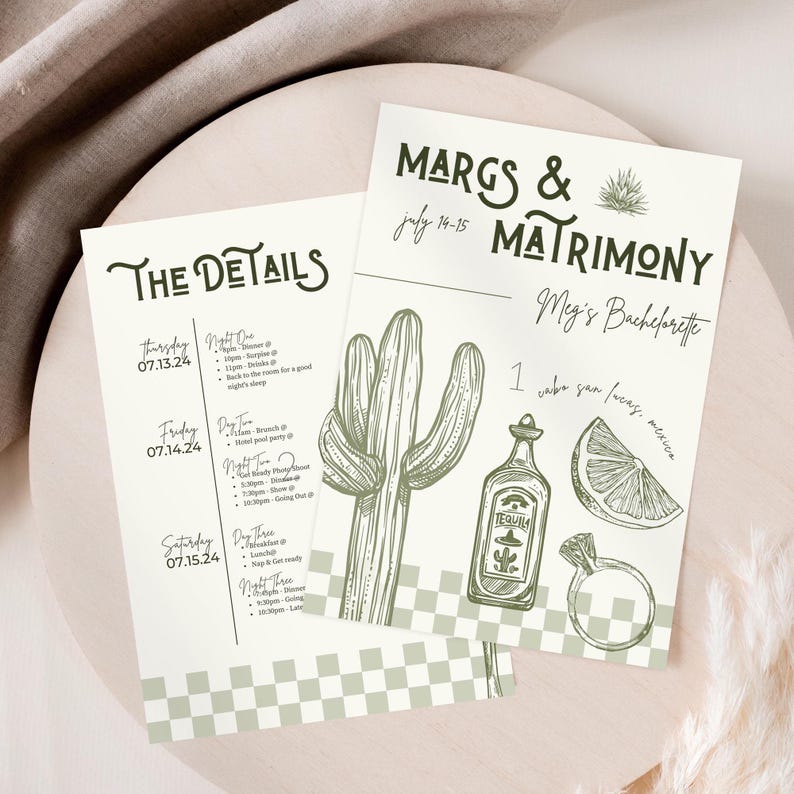 Margs and matrimony  bachelorette invite template for canva with tequila, margarita and lime illustrations