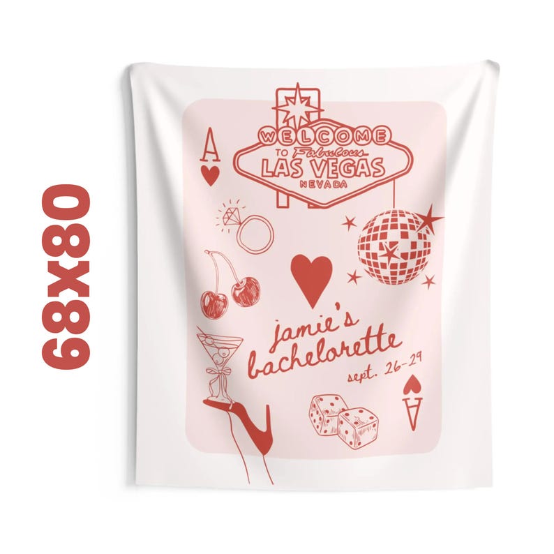 Vegas Bachelorette Party Banner with pink and red designs and customizable text, featuring fun casino-themed elements like dice, disco ball, and cherries