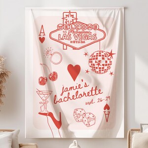 Vegas Bachelorette Party Banner with pink and red designs and customizable text, featuring fun casino-themed elements like dice, disco ball, and cherries