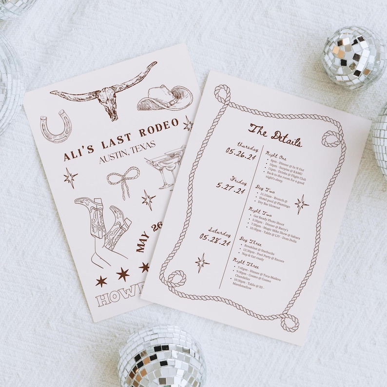 A beautifully designed Nashville Bachelorette Itinerary Template created in Canva Pro, perfect for planning a Last Rodeo or Austin girls' trip. This hand-drawn digital invitation features a playful Western theme with cowboy boots, hats, and rodeo-inspired elements. The template includes customizable sections for daily schedules, activities, dining plans, and nightlife spots, ensuring a well-organized and stylish weekend. Fully editable and available for instant download.