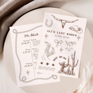 A beautifully designed Nashville Bachelorette Itinerary Template created in Canva Pro, perfect for planning a Last Rodeo or Austin girls' trip. This hand-drawn digital invitation features a playful Western theme with cowboy boots, hats, and rodeo-inspired elements. The template includes customizable sections for daily schedules, activities, dining plans, and nightlife spots, ensuring a well-organized and stylish weekend. Fully editable and available for instant download.