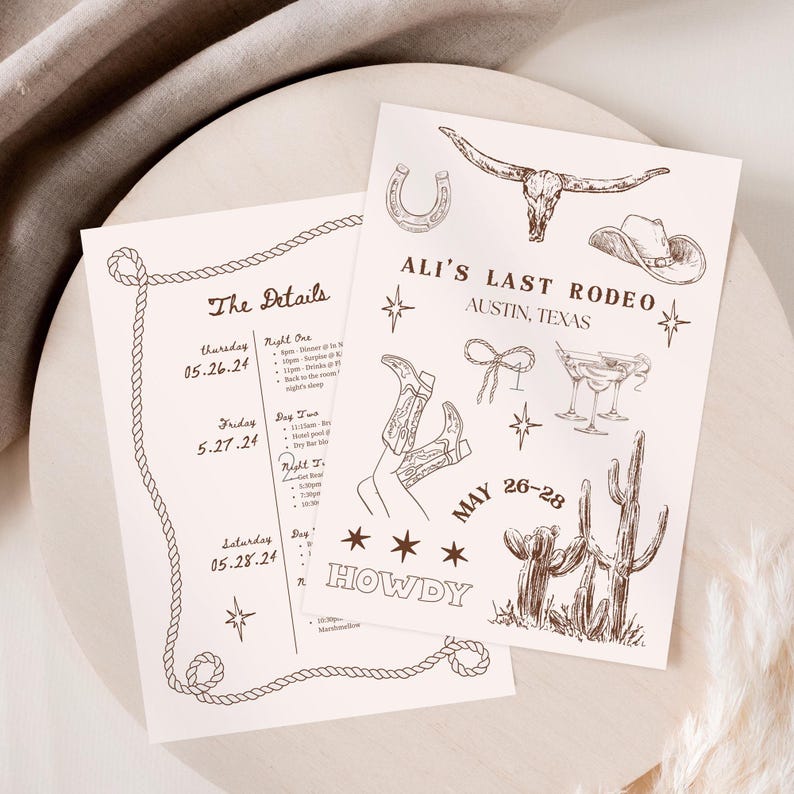 A beautifully designed Nashville Bachelorette Itinerary Template created in Canva Pro, perfect for planning a Last Rodeo or Austin girls' trip. This hand-drawn digital invitation features a playful Western theme with cowboy boots, hats, and rodeo-inspired elements. The template includes customizable sections for daily schedules, activities, dining plans, and nightlife spots, ensuring a well-organized and stylish weekend. Fully editable and available for instant download.