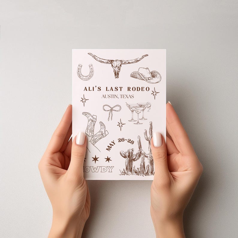 A beautifully designed Nashville Bachelorette Itinerary Template created in Canva Pro, perfect for planning a Last Rodeo or Austin girls' trip. This hand-drawn digital invitation features a playful Western theme with cowboy boots, hats, and rodeo-inspired elements. The template includes customizable sections for daily schedules, activities, dining plans, and nightlife spots, ensuring a well-organized and stylish weekend. Fully editable and available for instant download.